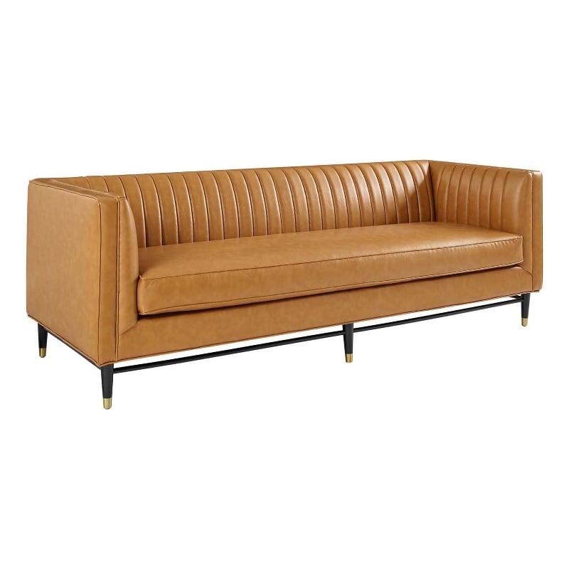Modway Devote Modern Channel Tufted Faux Leather Sofa in Tan