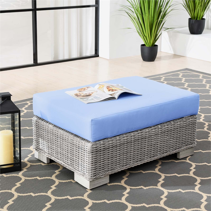 Modway Conway Wicker Rattan and Fabric Patio Ottoman in Light Gray/Light Blue