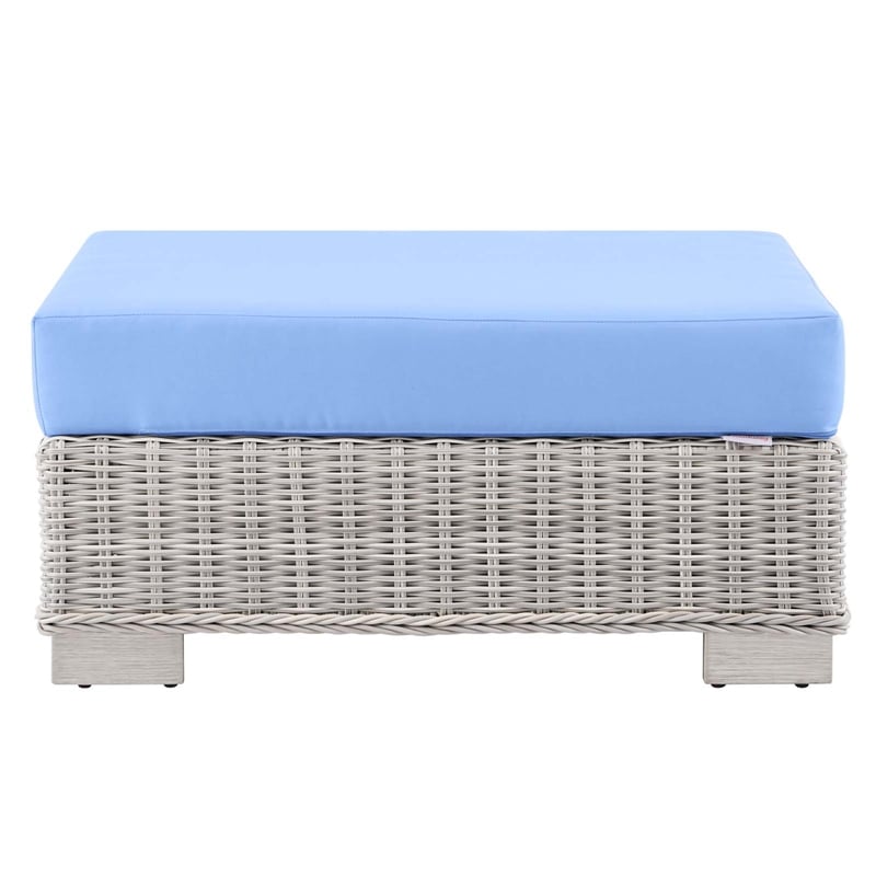 Modway Conway Wicker Rattan and Fabric Patio Ottoman in Light Gray/Light Blue