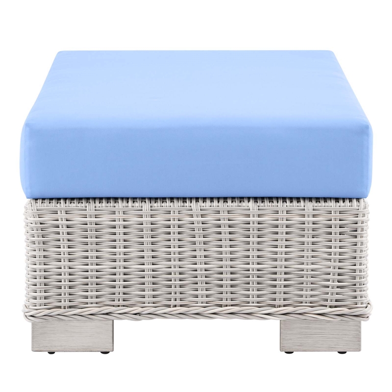 Modway Conway Wicker Rattan and Fabric Patio Ottoman in Light Gray/Light Blue