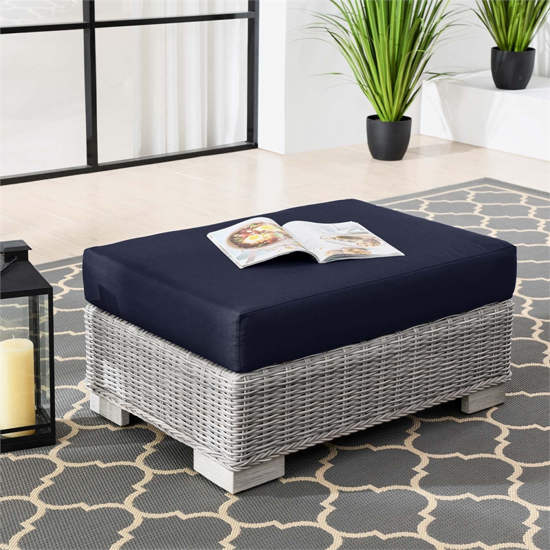 Modway Conway Wicker Rattan and Fabric Patio Ottoman in Light Gray/Navy