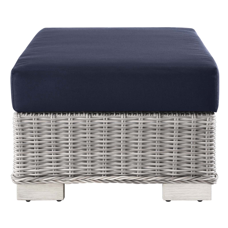 Modway Conway Wicker Rattan and Fabric Patio Ottoman in Light Gray/Navy