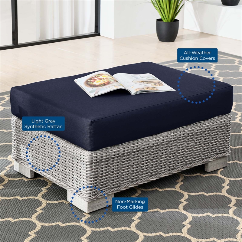 Modway Conway Wicker Rattan and Fabric Patio Ottoman in Light Gray/Navy