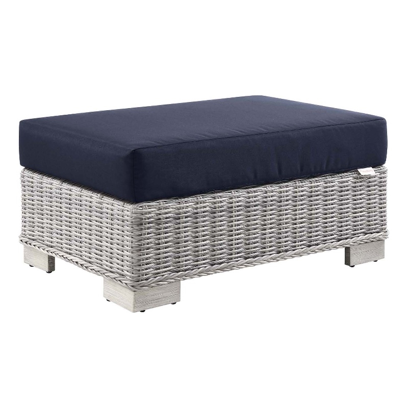 Modway Conway Wicker Rattan and Fabric Patio Ottoman in Light Gray/Navy
