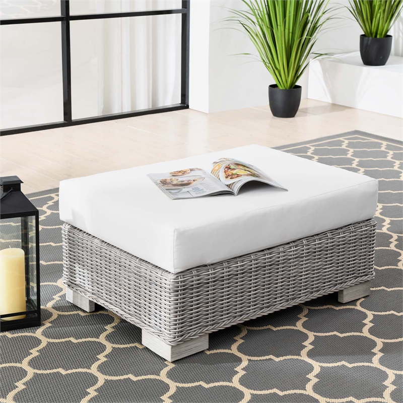 Modway Conway Wicker Rattan and Fabric Patio Ottoman in Light Gray/White