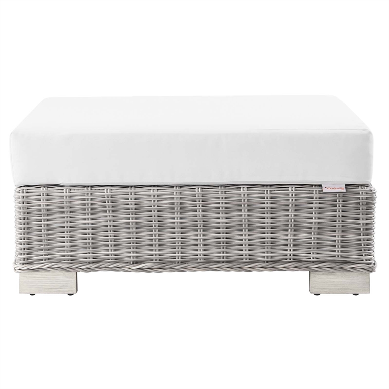 Modway Conway Wicker Rattan and Fabric Patio Ottoman in Light Gray/White