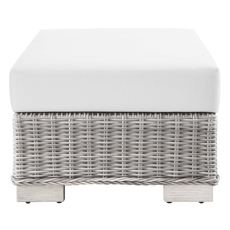 Modway Conway Wicker Rattan and Fabric Patio Ottoman in Light Gray/White