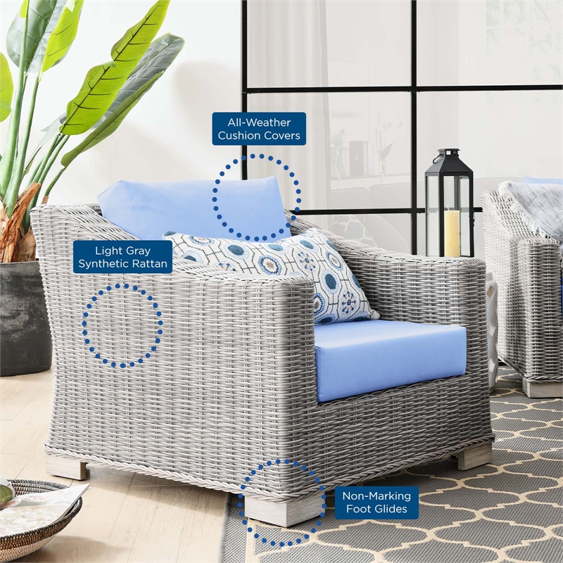 Modway Conway Wicker Rattan and Fabric Patio Armchair in Light Gray/Light Blue