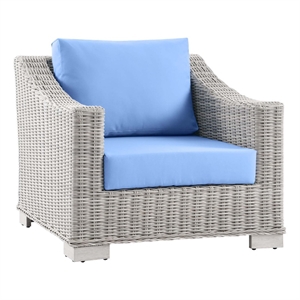modway conway wicker rattan and fabric patio armchair in light gray/light blue