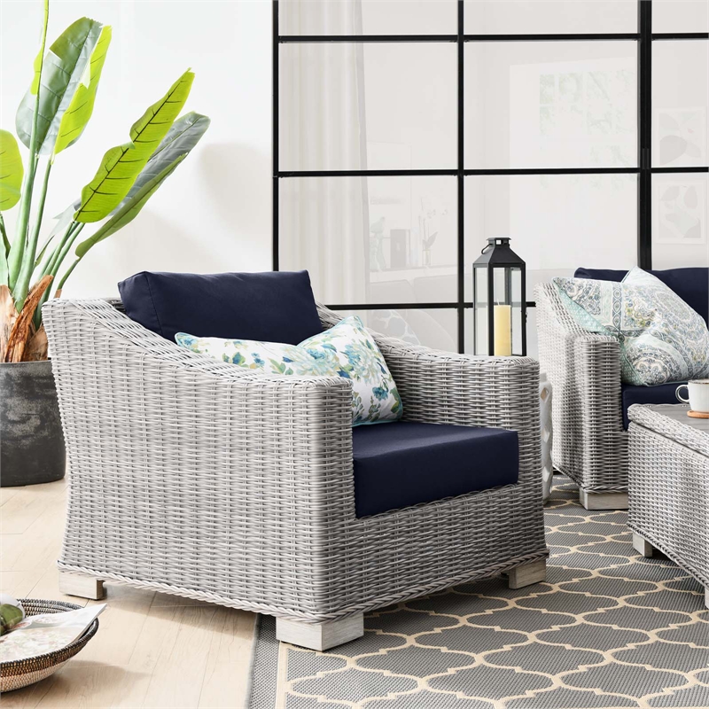 Modway Conway Wicker Rattan and Fabric Patio Armchair in Light Gray/Navy
