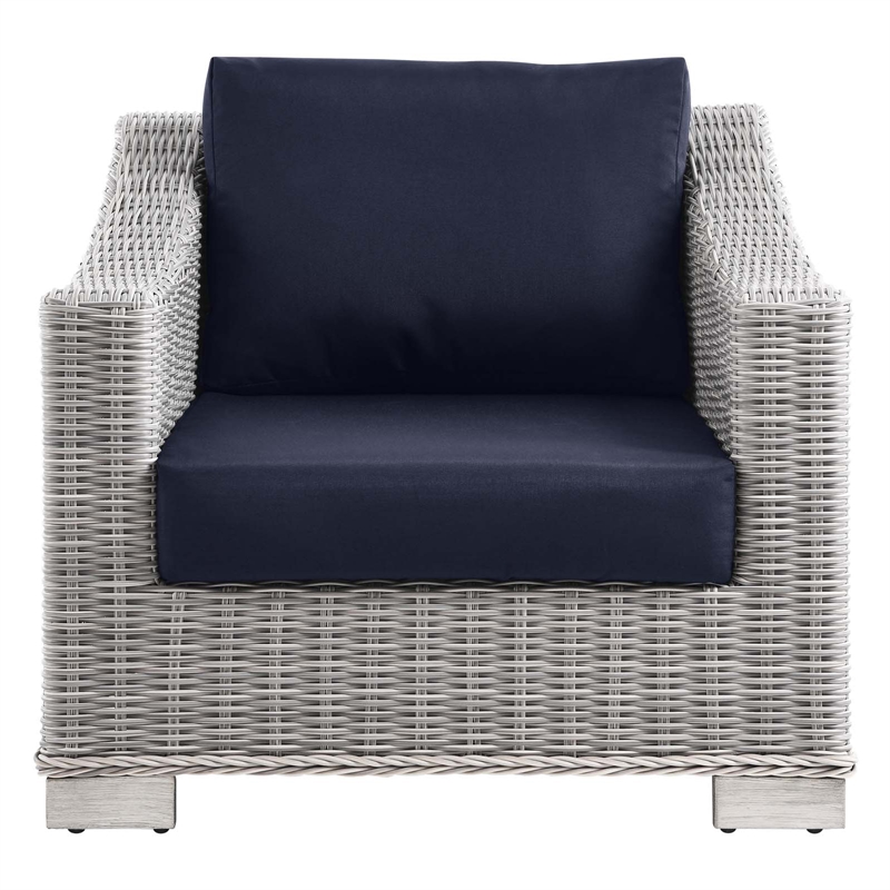 Modway Conway Wicker Rattan and Fabric Patio Armchair in Light Gray/Navy