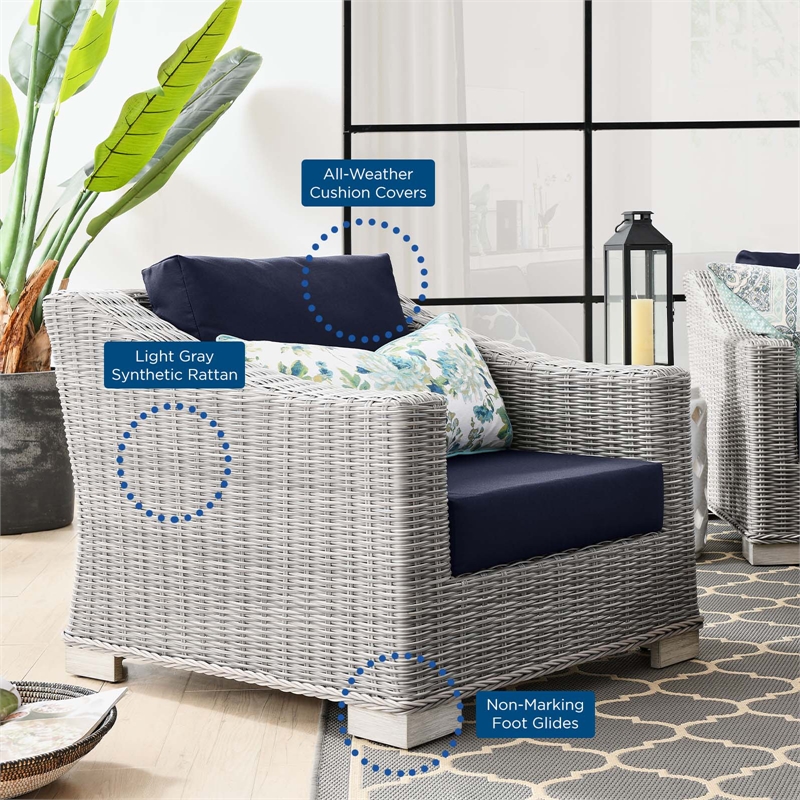 Modway Conway Wicker Rattan and Fabric Patio Armchair in Light Gray/Navy