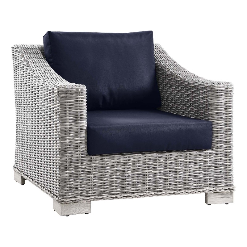 Modway Conway Wicker Rattan and Fabric Patio Armchair in Light Gray/Navy