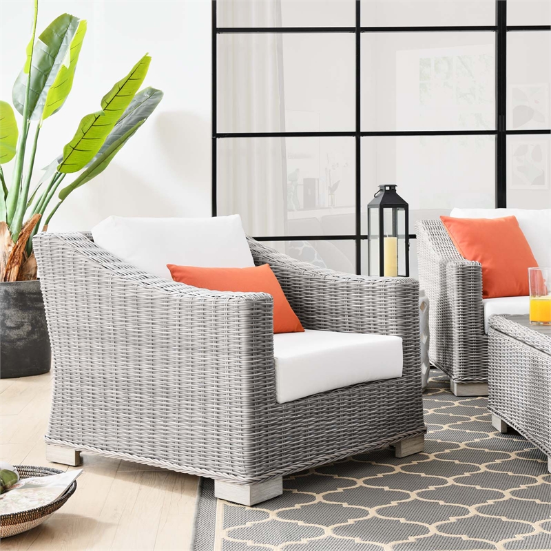 Modway Conway Wicker Rattan and Fabric Patio Armchair in Light Gray/White