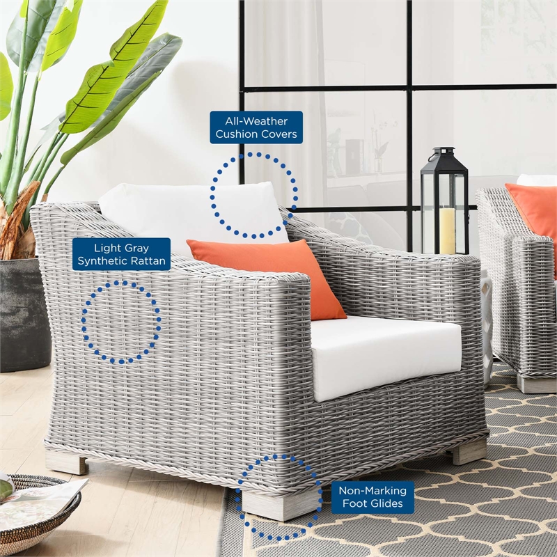 Modway Conway Wicker Rattan and Fabric Patio Armchair in Light Gray/White