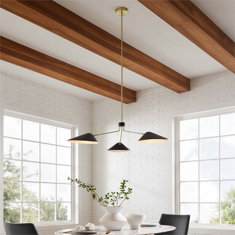 Modway Journey 3-Light Modern Metal Arm Pendant in Black/Satin Brass