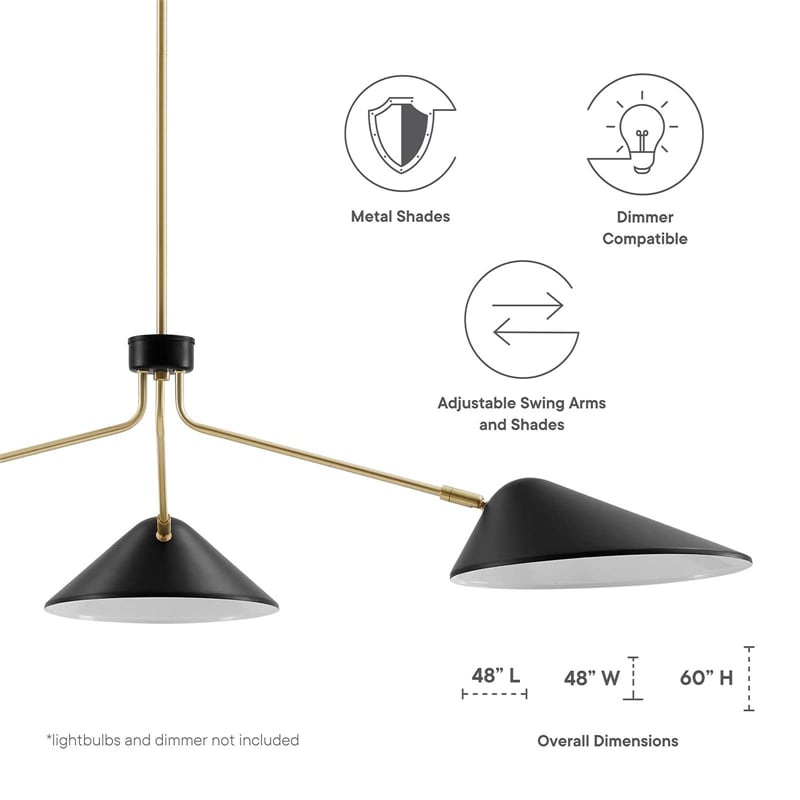 Modway Journey 3-Light Modern Metal Arm Pendant in Black/Satin Brass