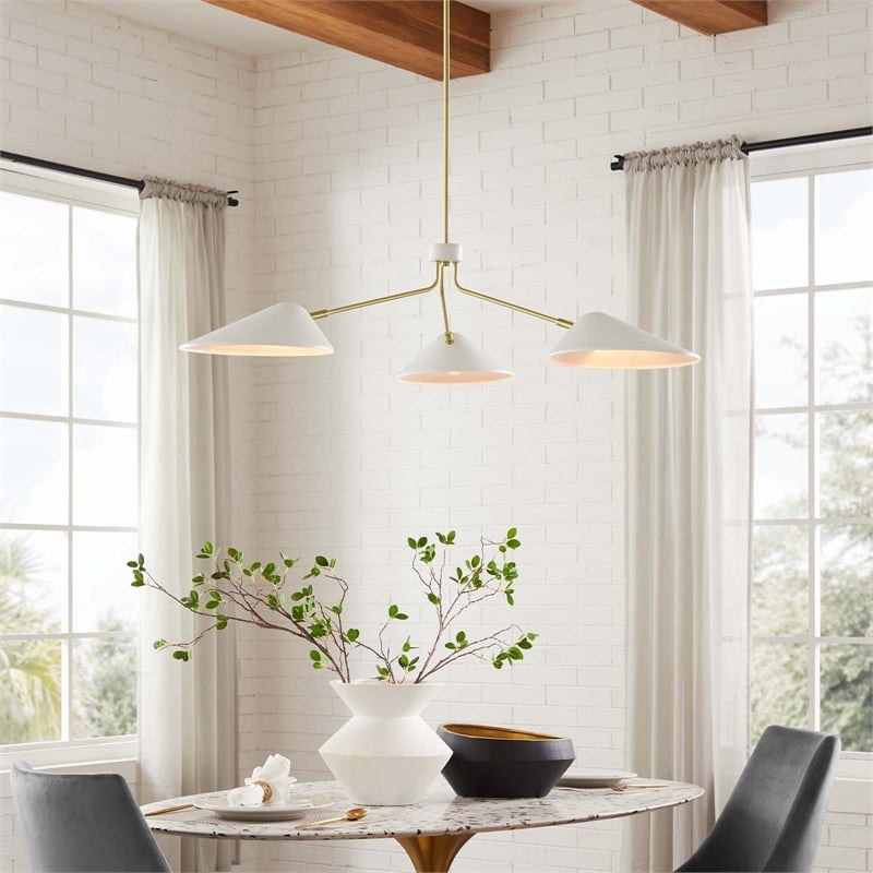 Modway Journey 3-Light Modern Metal Arm Pendant in White/Satin Brass