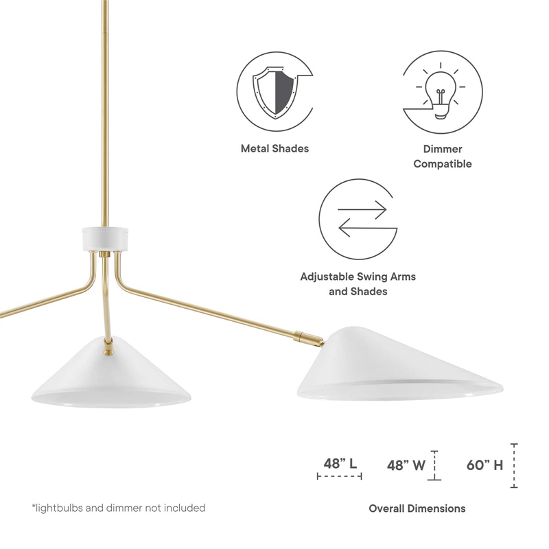 Modway Journey 3-Light Modern Metal Arm Pendant in White/Satin Brass