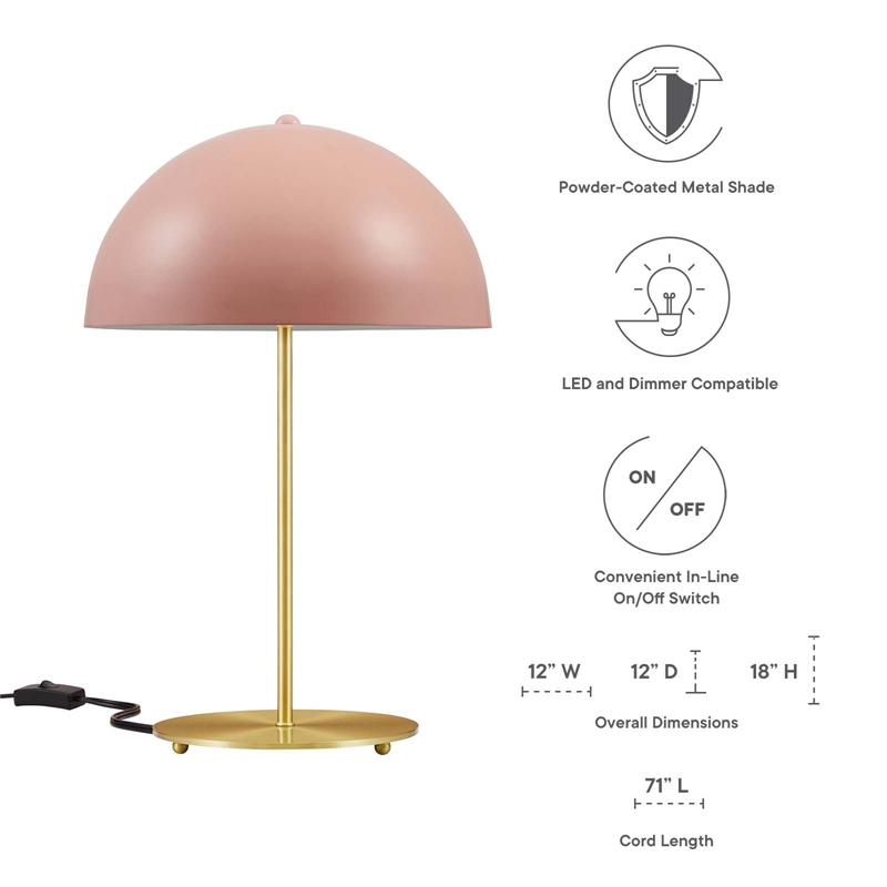 Modway Ideal 1-Light Modern Metal Table Lamp in Pink/Satin Brass