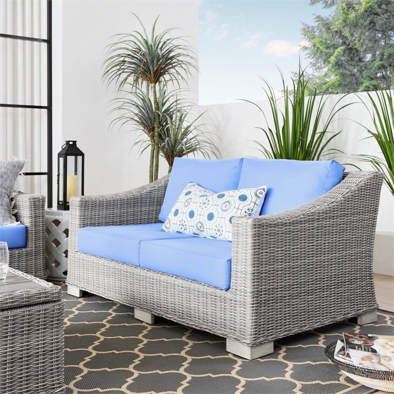 Modway Conway Modern Wicker / Rattan Patio Loveseat in Light Gray/Light Blue