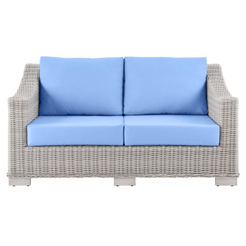 Modway Conway Modern Wicker / Rattan Patio Loveseat in Light Gray/Light Blue