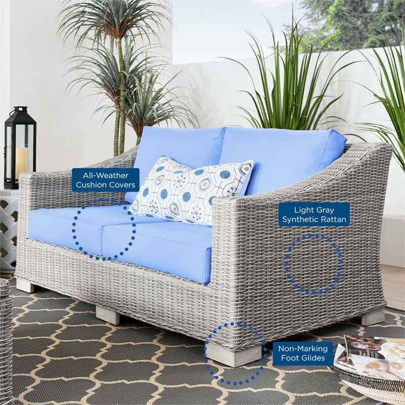 Modway Conway Modern Wicker / Rattan Patio Loveseat in Light Gray/Light Blue