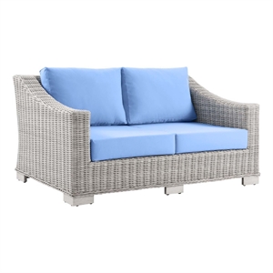 modway conway contemporary wicker rattan patio loveseat in light gray/light blue