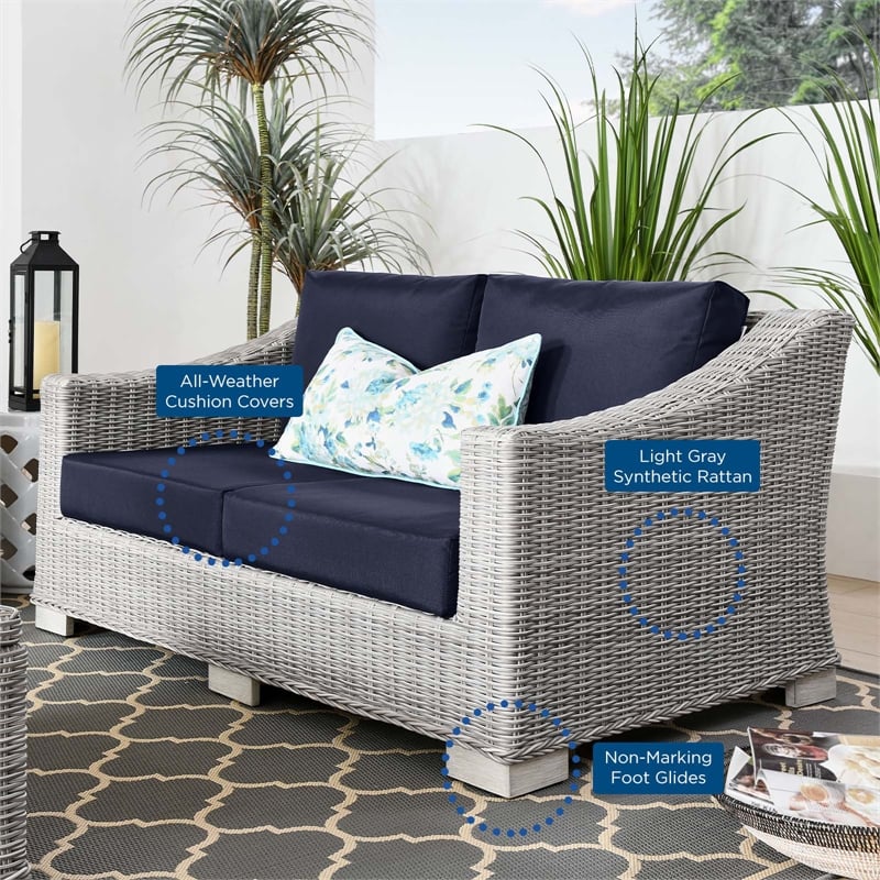 Modway Conway Modern Wicker / Rattan Patio Loveseat in Light Gray/Navy