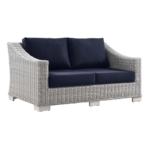 modway conway contemporary wicker rattan patio loveseat in light gray/navy