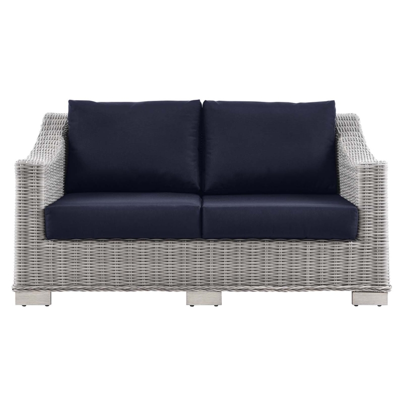 Modway Conway Modern Wicker / Rattan Patio Loveseat in Light Gray/Navy