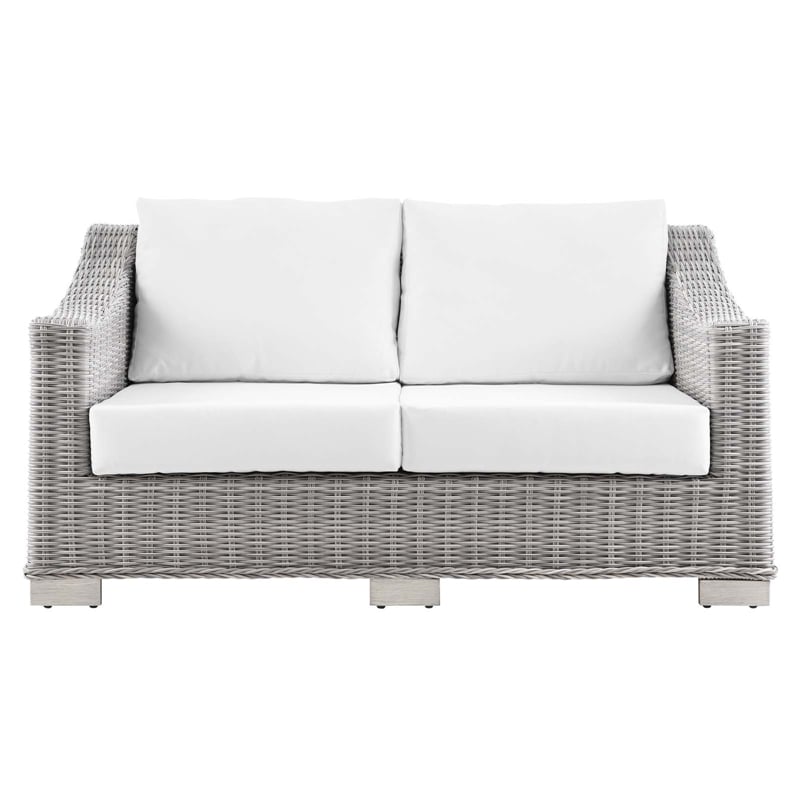 Modway Conway Modern Wicker / Rattan Patio Loveseat in Light Gray/White