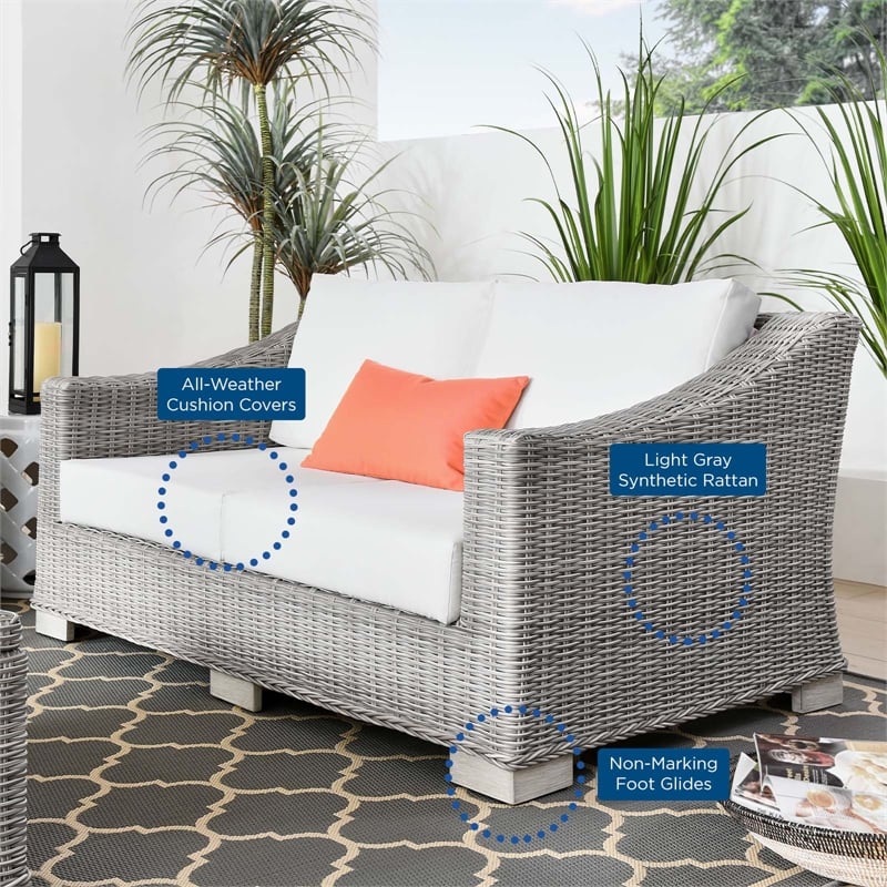 Modway Conway Modern Wicker / Rattan Patio Loveseat in Light Gray/White