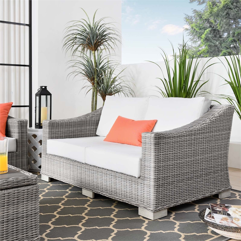 Modway Conway Modern Wicker / Rattan Patio Loveseat in Light Gray/White