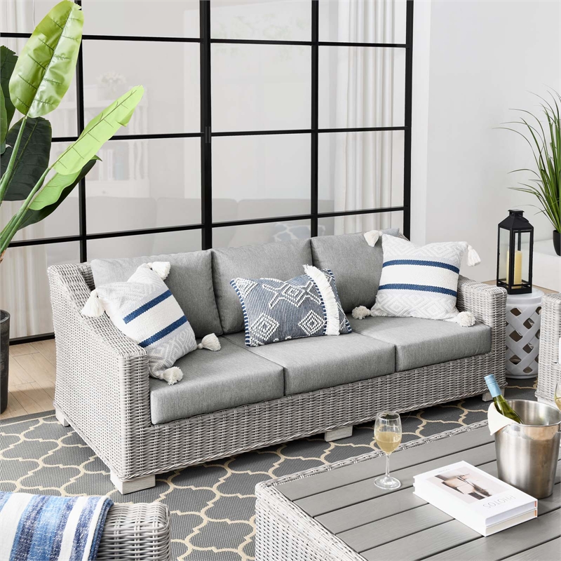 Modway Conway Modern Wicker / Rattan Patio Sofa in Light Gray