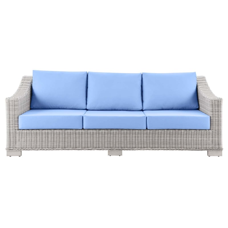 Modway Conway Modern Wicker / Rattan Patio Sofa in Light Gray/Light Blue