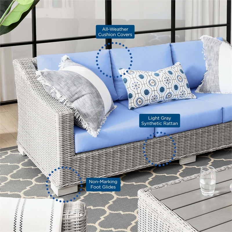 Modway Conway Modern Wicker / Rattan Patio Sofa in Light Gray/Light Blue