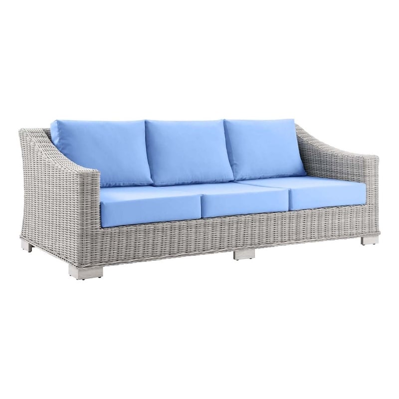 Modway Conway Modern Wicker / Rattan Patio Sofa in Light Gray/Light Blue