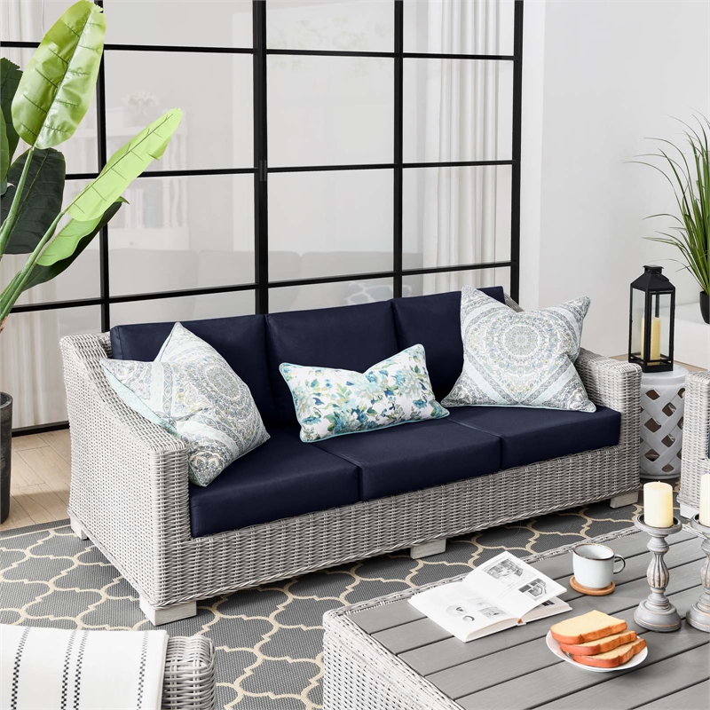 Modway Conway Modern Wicker / Rattan Patio Sofa in Light Gray/Navy