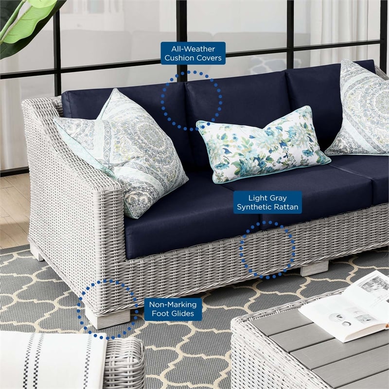 Modway Conway Modern Wicker / Rattan Patio Sofa in Light Gray/Navy