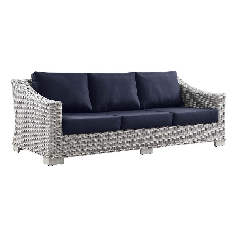 Modway Conway Modern Wicker / Rattan Patio Sofa in Light Gray/Navy