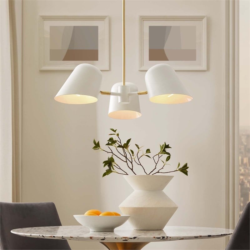 Modway Briana 3-Light Modern Metal Pendant in White/Satin Brass
