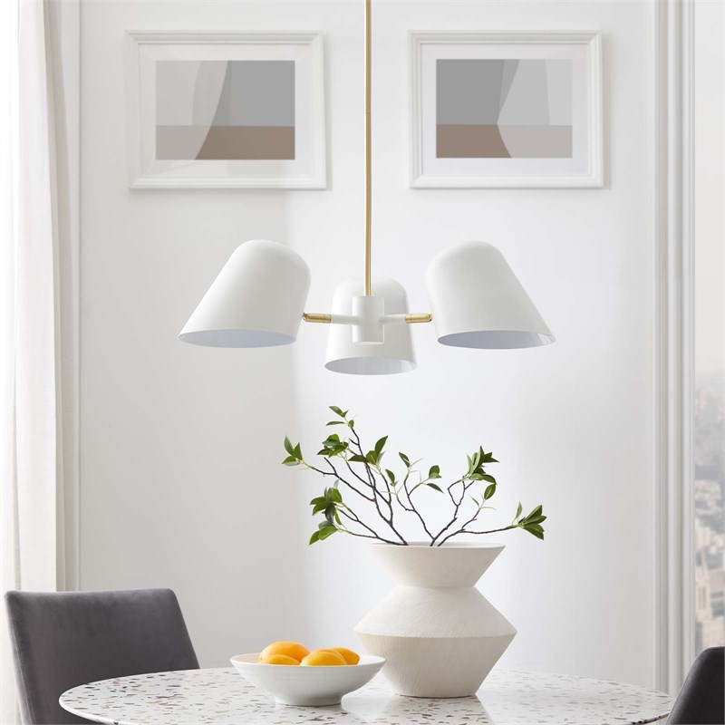 Modway Briana 3-Light Modern Metal Pendant in White/Satin Brass