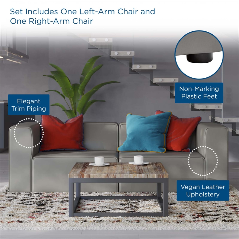 Modway Mingle 2-Seat Faux Leather Sectional Sofa Loveseat in Gray