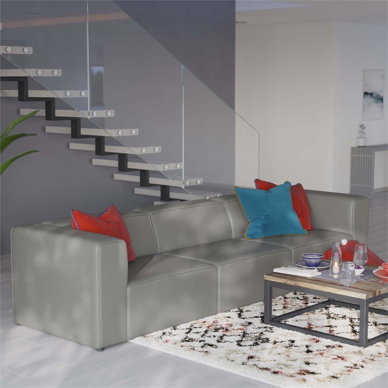 Modway Mingle 3-Piece Modern Faux Leather Sectional Sofa in Gray