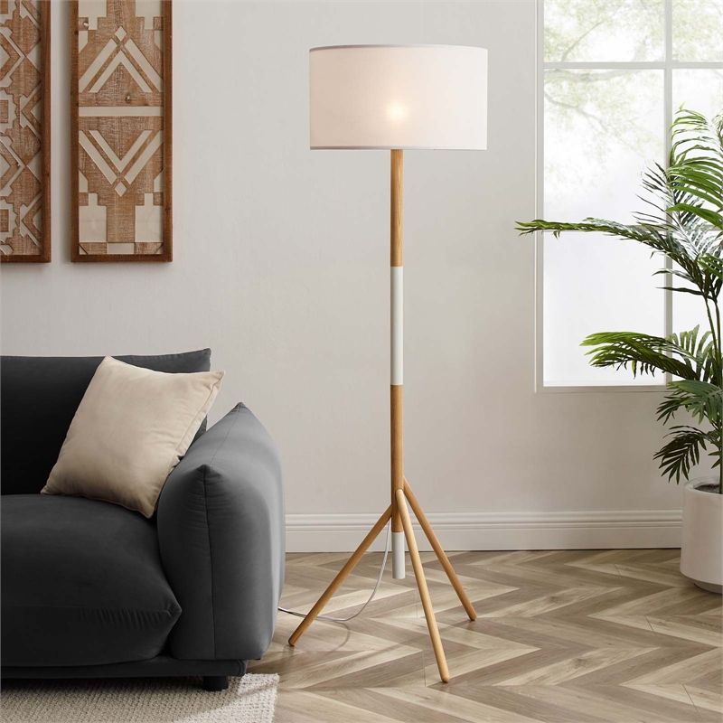 Modway Natalie 1-Light Modern Wood Tripod Floor Lamp in White/Natural