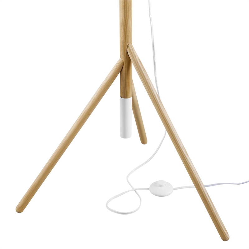Modway Natalie 1-Light Modern Wood Tripod Floor Lamp in White/Natural