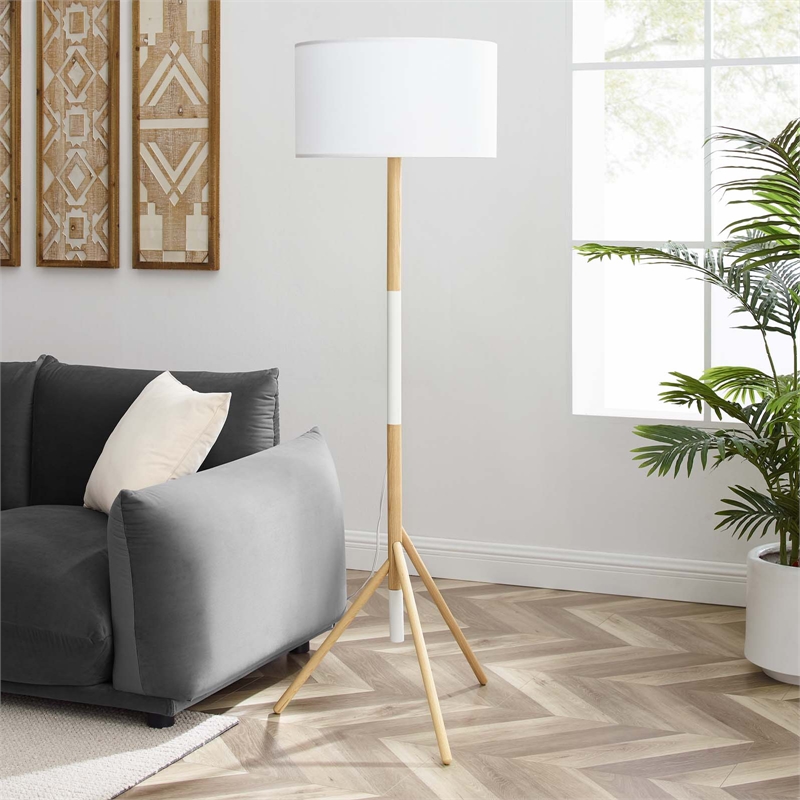 Modway Natalie 1-Light Modern Wood Tripod Floor Lamp in White/Natural