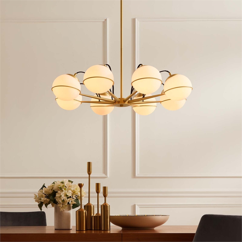 Modway Hanna 8-Light Modern Metal/Glass Chandelier in Opal & Gold