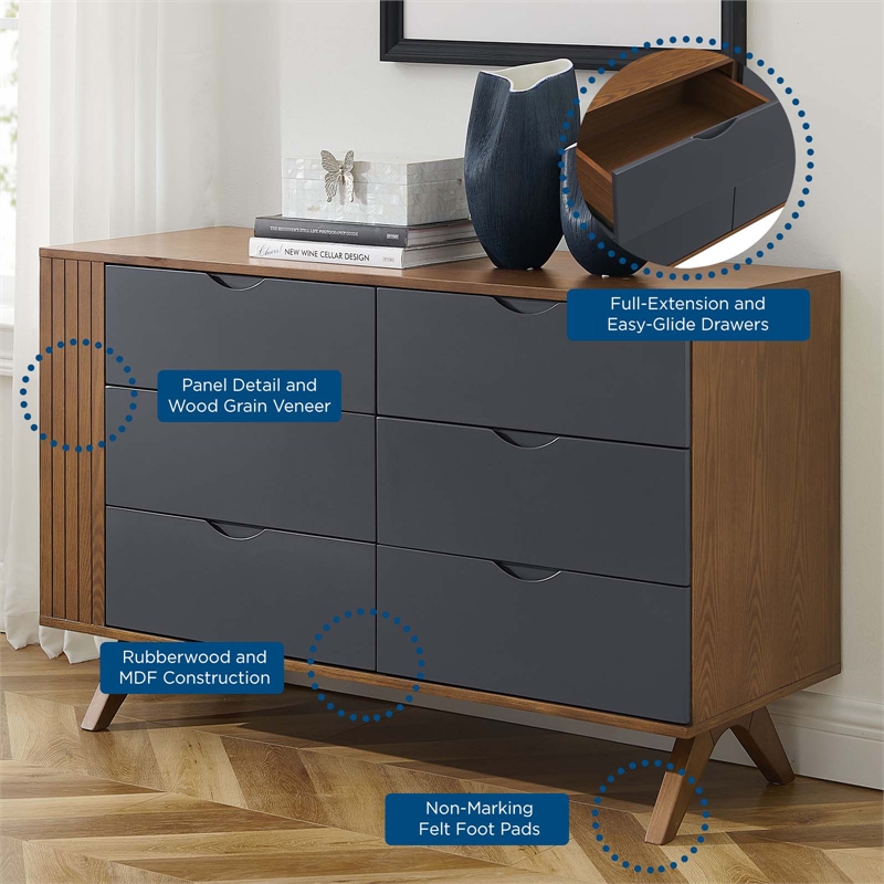Modway Dylan Modern MDF Wood and Rubberwood Dresser in Walnut/Gray